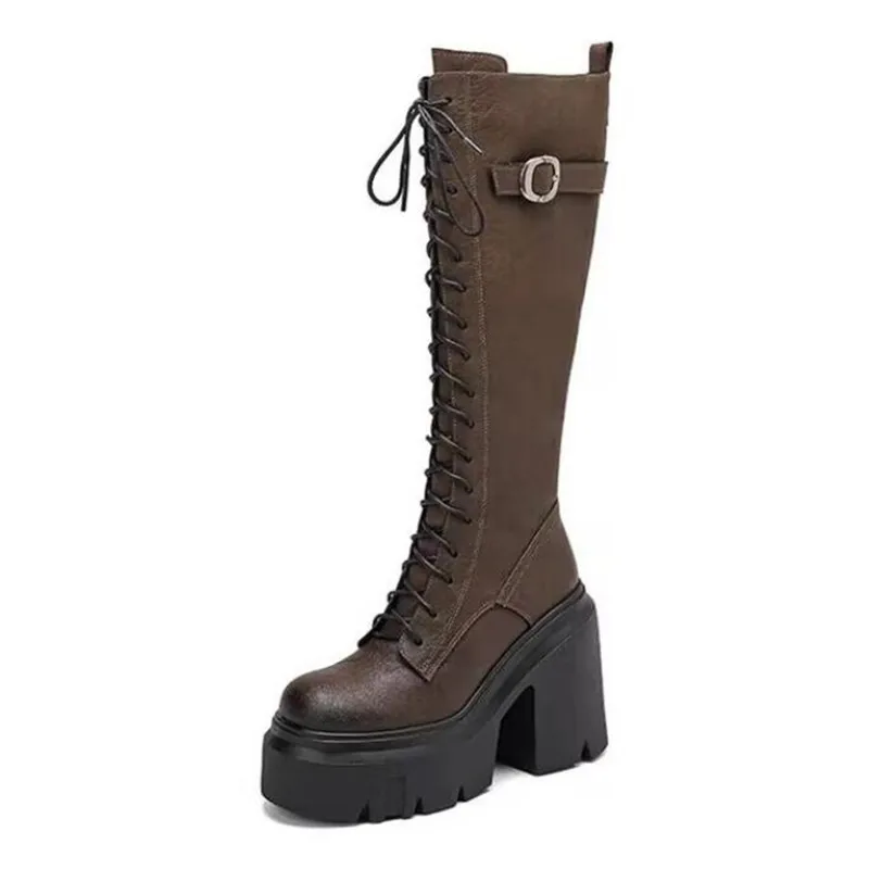 2026 Women's Long Boots High Heels Coarse Following Women Platform Front Lace Up Round Toe Belt Buckle Knight Boots Botas Mujer