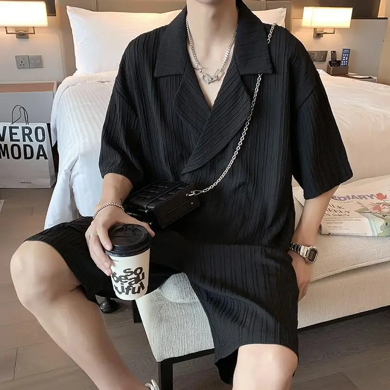 

Plus Size Men's Luxury Smart Casual Shirt Shorts Two Piece Set Summer Loose Fitting High End Instagram Style Outfit