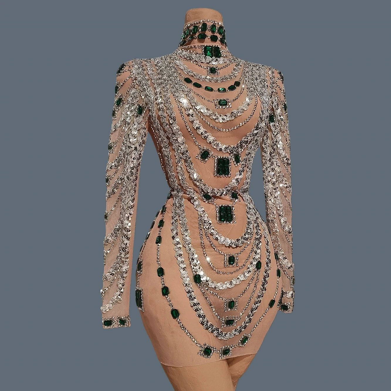 فستان كوكتيل عصري بأكمام طويلة ضيق مناسب لامع أخضر حجر الراين ترتر فستان حفلة عيد ميلاد أنيق فستان قصير Bixi #1