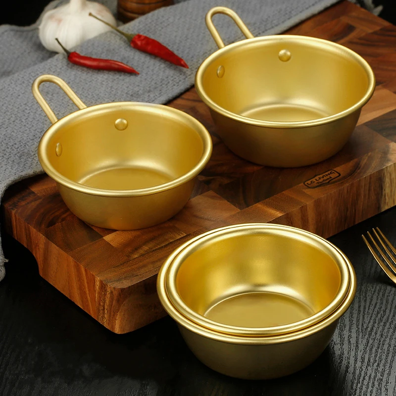 Korean Gold Rice Wine Bowl Aluminum Round Makgeolli Snack Cup Kitchen Seasoning Dish Food Dipping Sauce Container with Handle