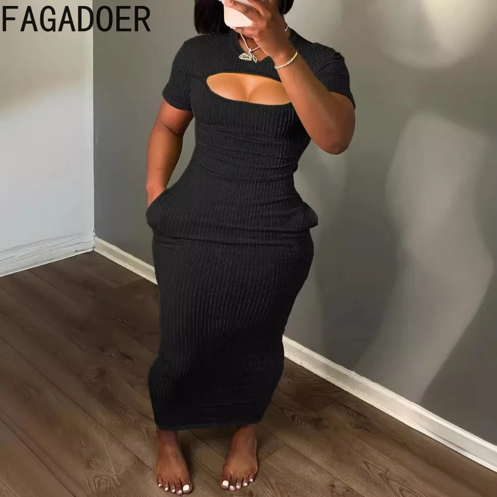 FAGADOER-Vestidos Bodycon ahuecados de Color sólido para mujer, cuello redondo, manga corta, Delgado, vestido con bolsillo, Primavera, nuevo