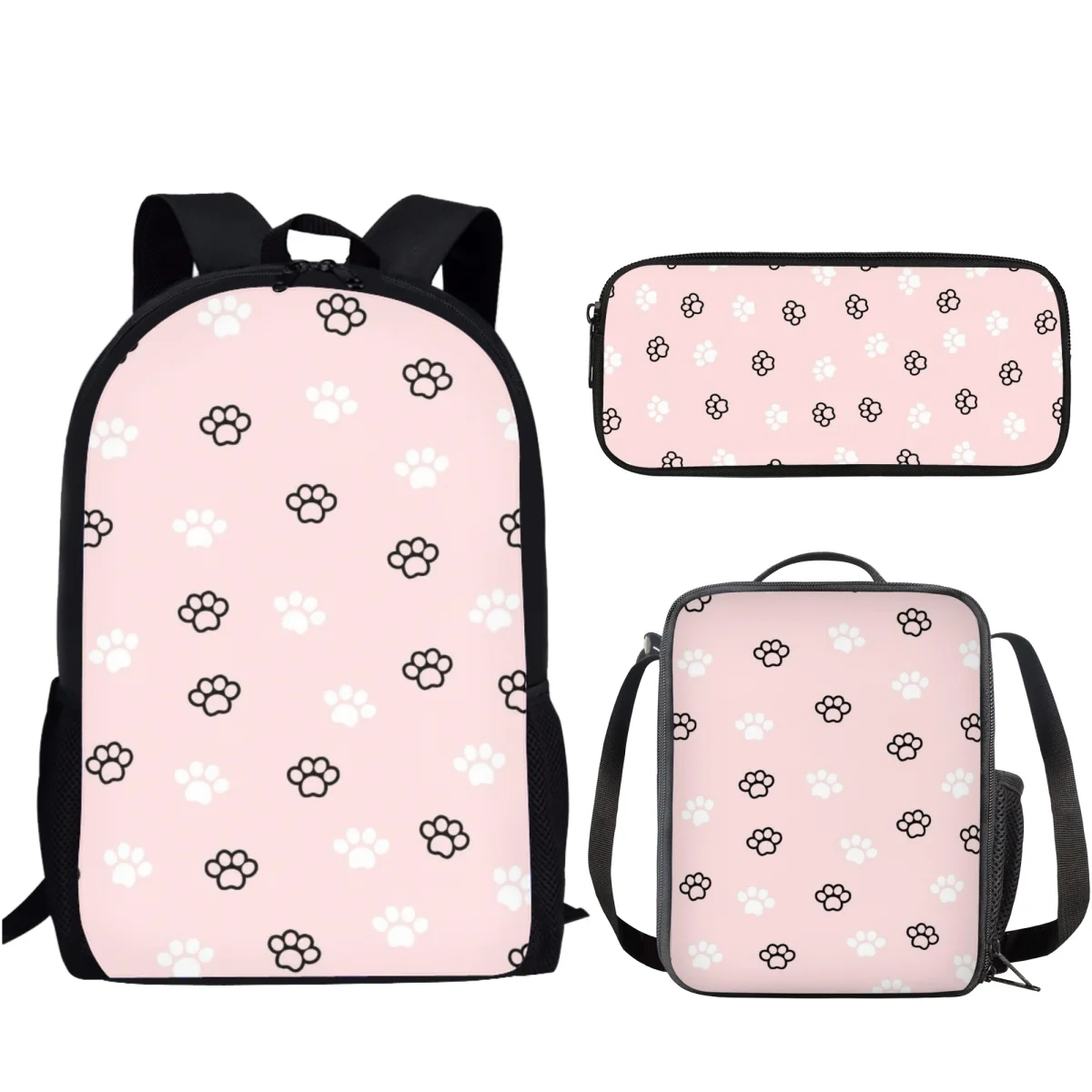 Funny Pink Dog Paws Print 3Pcs/Set School Bag for Student Boys Girls Teenager Casual Storage Backpack with Lunch Bag Pencil Bag