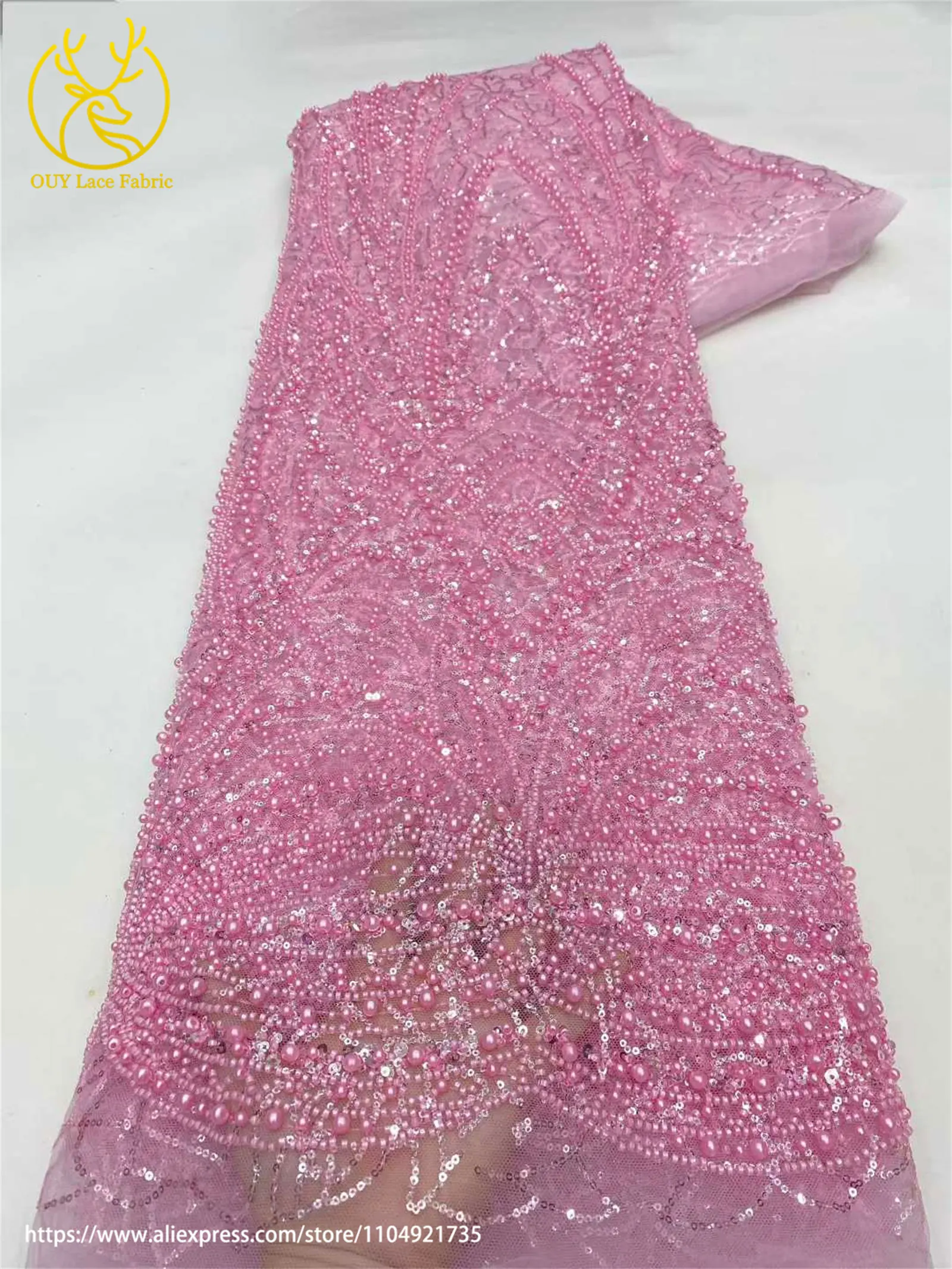 Wunderschöner Modischer Afrikanischer Nigerianischer Perlen-Spitzenstoff 2026 Rosa Französischer Pailletten-Spitzenstoff zum Nähen von Hochzeits- und Partykleidern – Detail 8