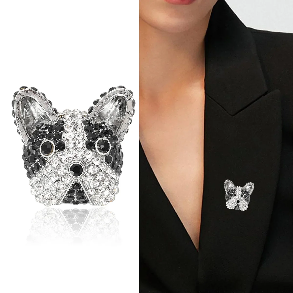 Dmari Women Brooch Bulldog Head Badge Rhinestone Lapel Pin Fashion Jewelry Accessories For Office Clothing