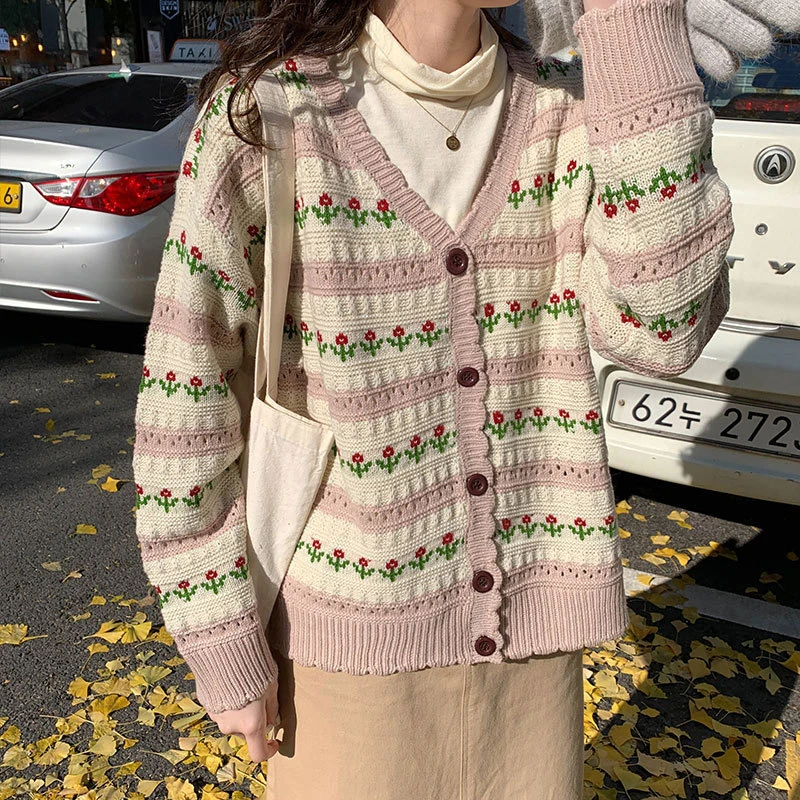 Chic Floral Kintted Sweater For Women 2024 Autumn Winter Retro Hollowed Out Long Sleeved Cardigan Coat Female Casual V-Neck Tops