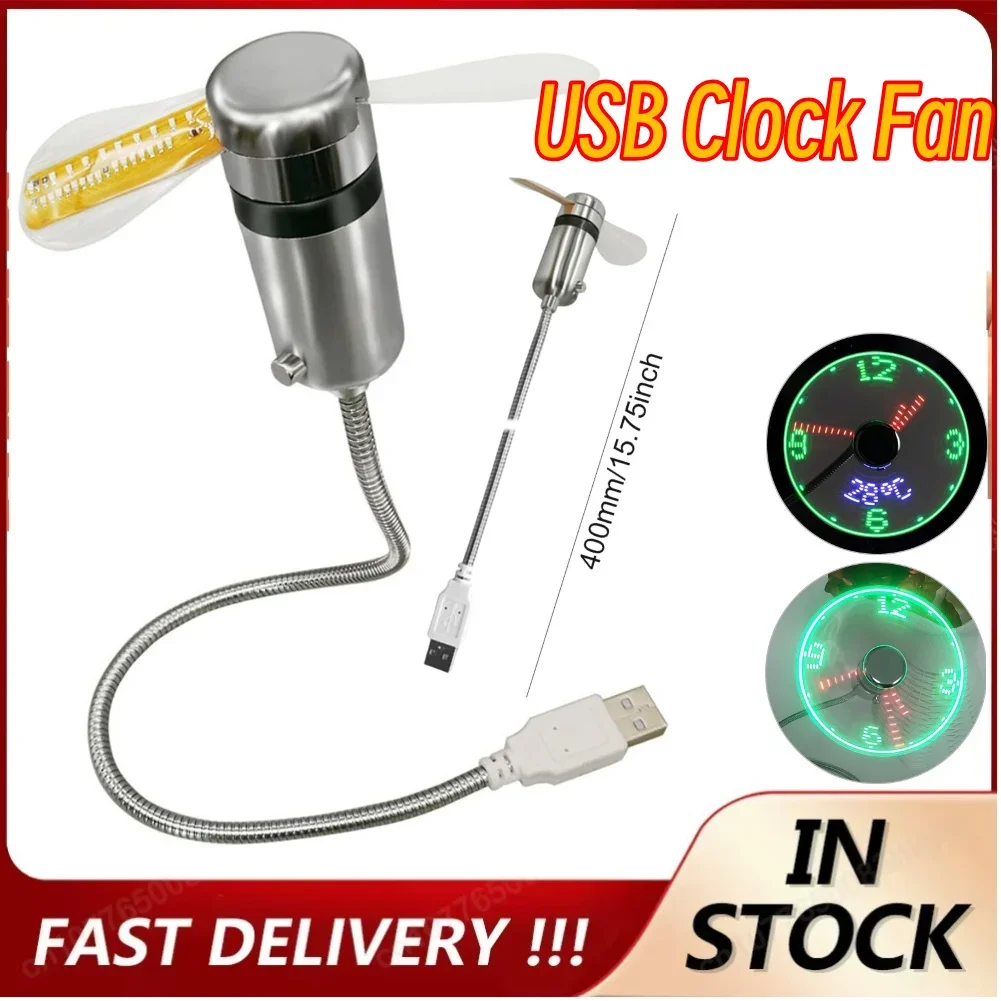 LED Clock Fan Mini Fan DC 5V USB Powered Cooling Flashing Fan Clock Fans Time Temperature Clock Fan for Laptop PC Notebook