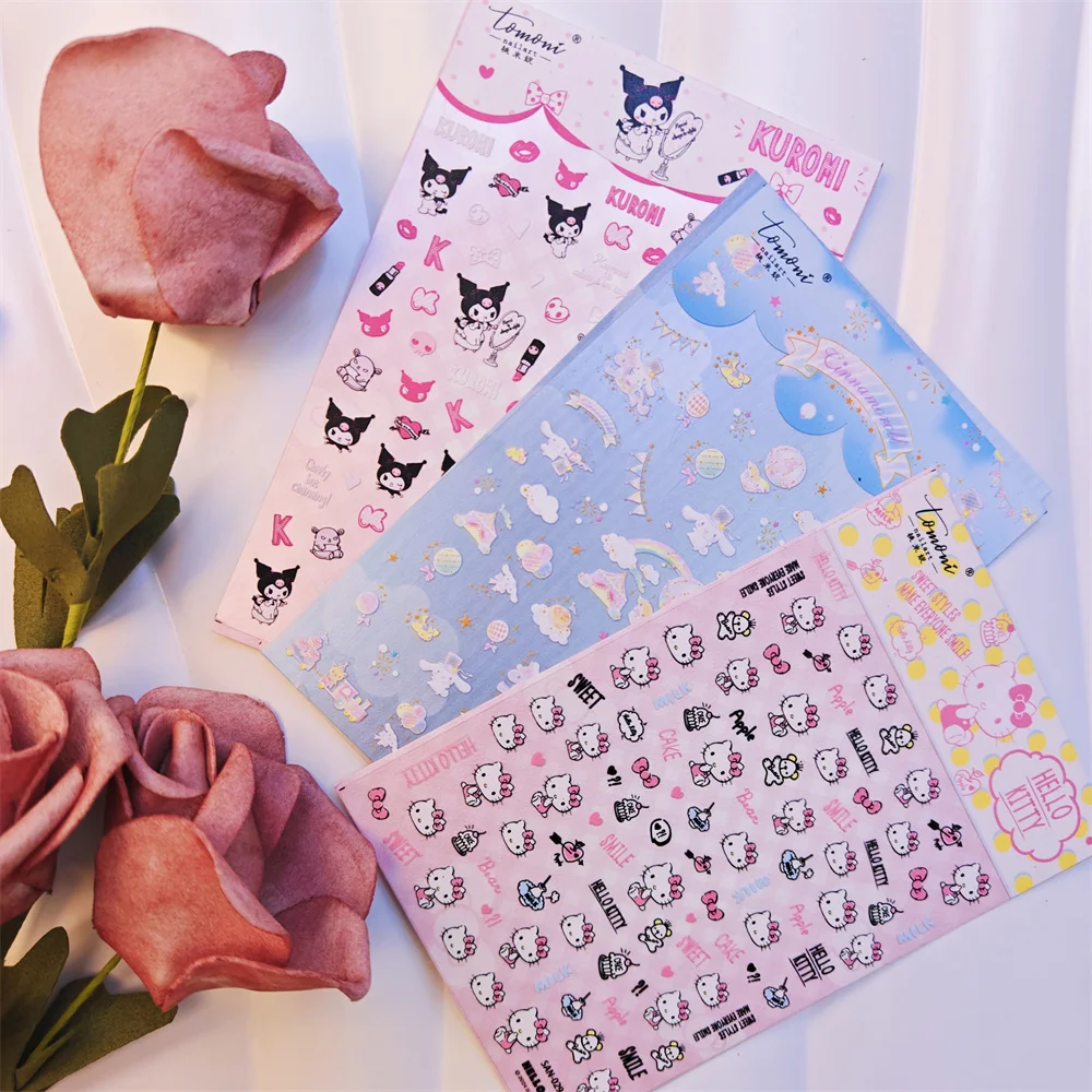 1 arkusz HelloKitty Kuromi Sanrio Nowe naklejki do paznokci 3D Cartoon Naklejki do paznokci do manicure Fashion Design DIY Happy Akcesoria