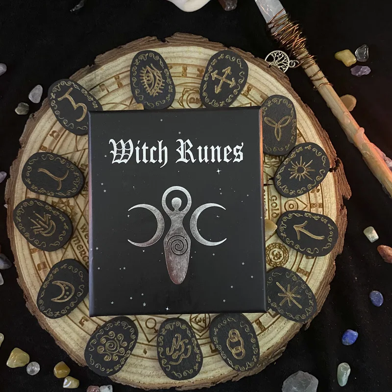 Wood Runes Stone Set Witches Rune Set 14 PCS Engraved Rune Symbol for Meditation Divination Rune Stones Set with Storage Bag