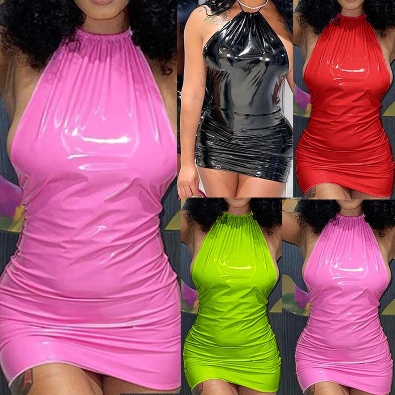 

Lady Sexy Faux PU Leather Bodycon Short Slim Club Dress 2025 Summer Neon Green Y2k Sleeveless Halter Backless Vestidos