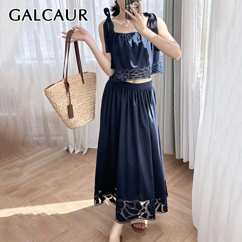 GALCAUR solid two piece sets for women round neck sleeveless short tops high waist a line skirt lace chic set female fashion new