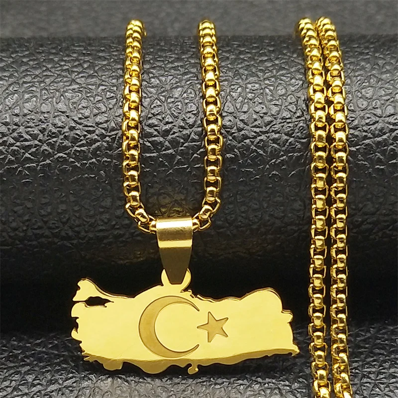 Turkey Map Flag Moon Star Necklace for Men Women Stainless Steel Gold Color Turkish Country National Geography Chain Jewelry view 2