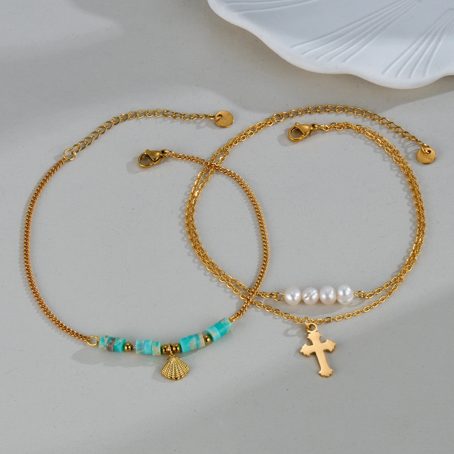 Freeteeme Fashion Shell Imitation Pearl Anklets for Women Stainless Steel Double Layered Cross Foot Chain Jewelry Holiday Gift