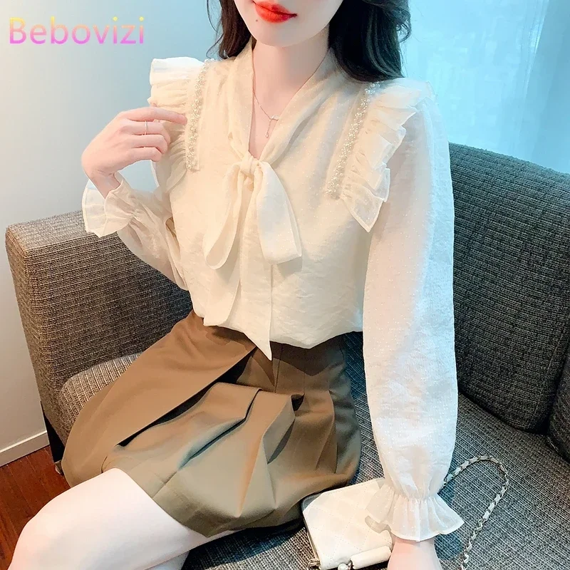 Autumn Korean New Fashion Bow Chiffon Long Sleeve Loose Blouse Women's High-end Beautiful Shirt Tops