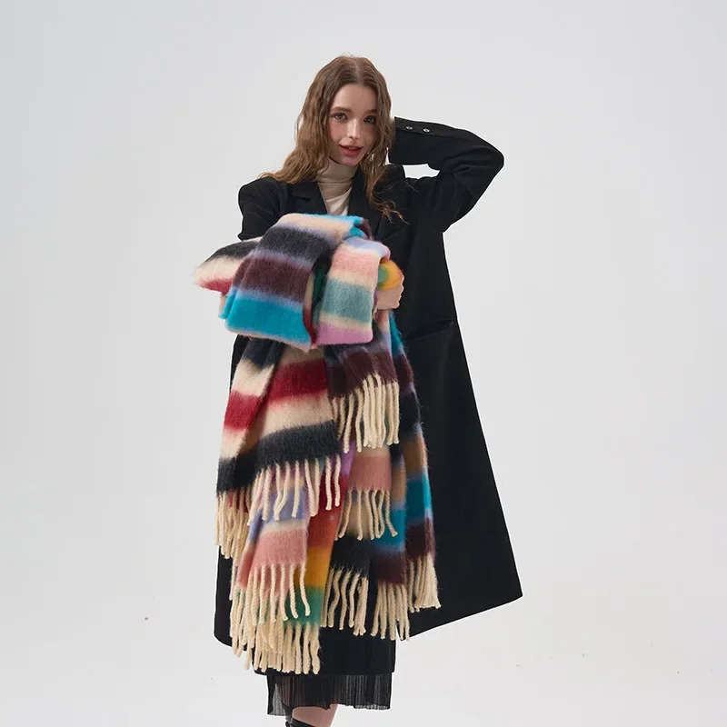 Colorful Striped Scarf with Tassels Mohair Cashmere Winter Thickened Ball Scarf Neckband Warm Rainbow Scarf Couples Accessories