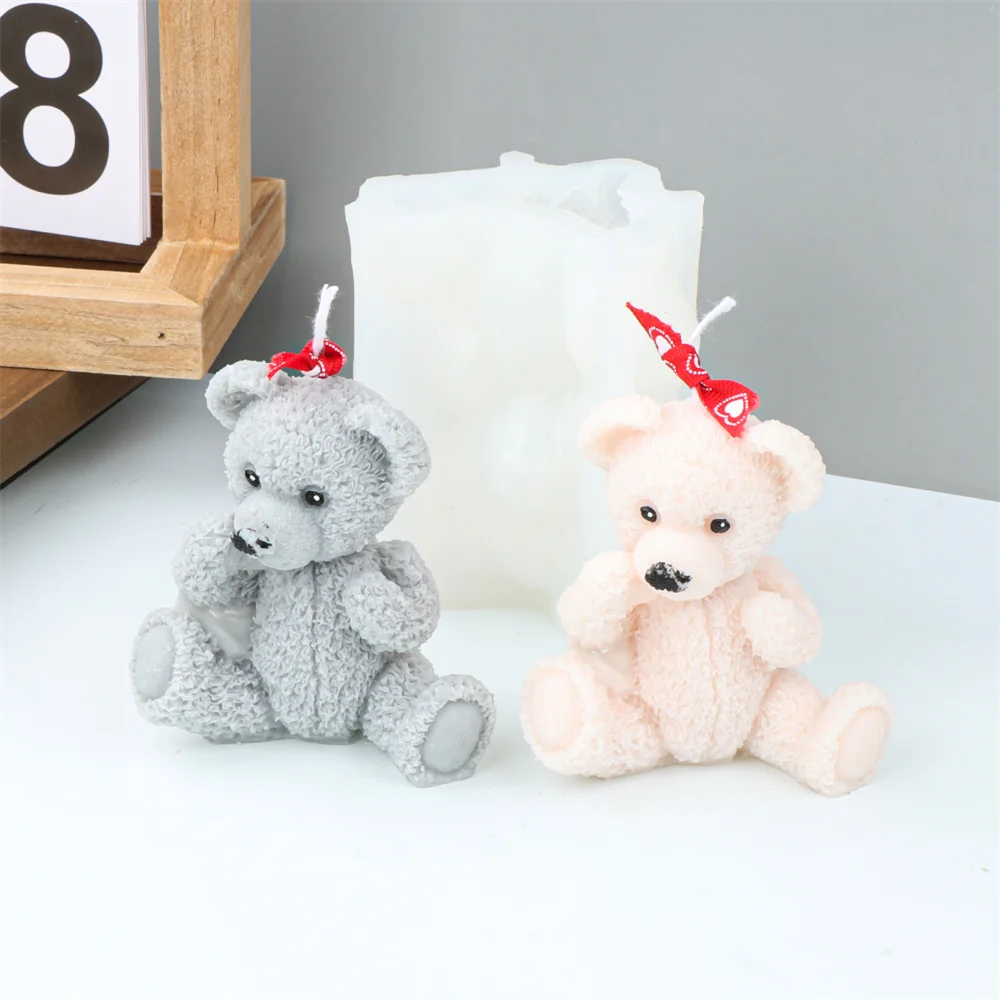 Family Teddy Bear Silicone Mold Craft Scented Candle Soap Plaster Bowtie Bear Family 3D Bears Animal decora