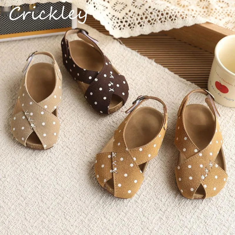 

New Dot PU Children Sandals Summer Suede Soft Bottom Cork Sandals For Girls Hook Loop Non Slip Toddler Kids Beach Shoes