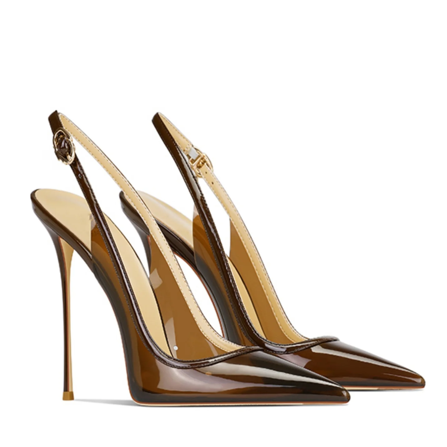 

2025 New Patent Leather Matching Color, Pointed and Shallow Mouth Back Tripping Belt Ultra-high Heel 12CM Sexy Bakehead Sandals