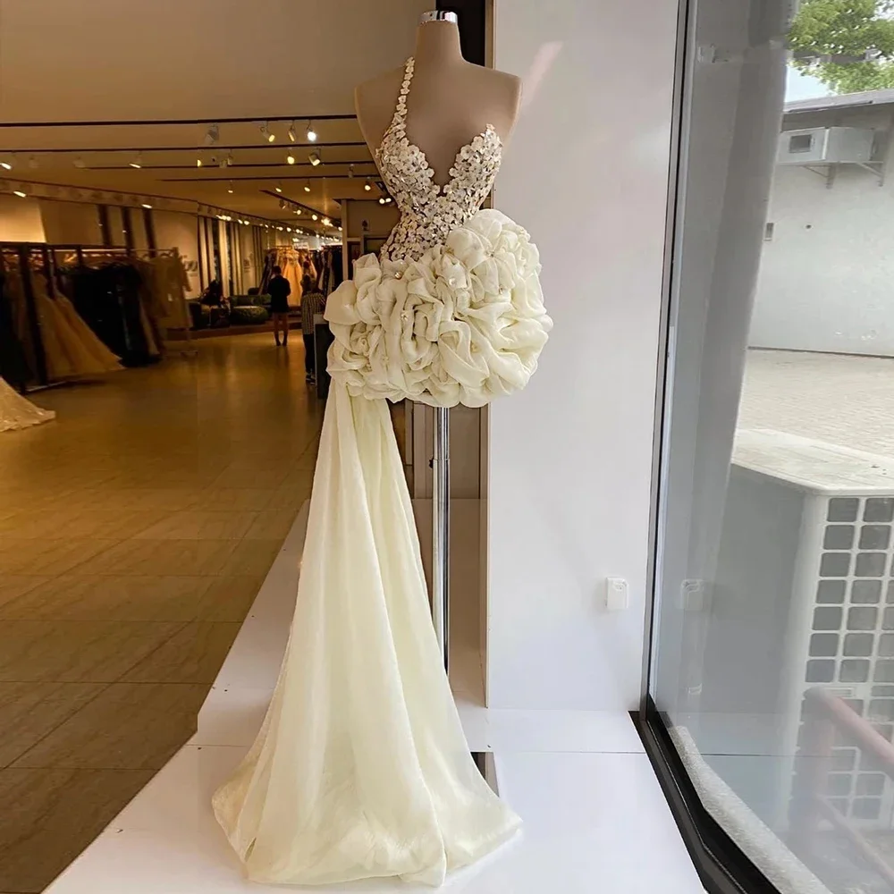 

Customized2022 Ivory Floral Appliques Short Prom Dresses Beige Ruched High Low Sweep Train Evening Gowns Cocktail Dress Vestidos