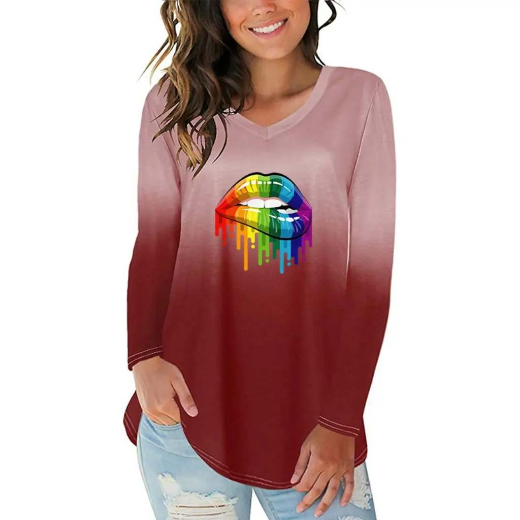 

Женская футболка с градиентным радужным принтом губ, v-образным вырезом, длинным рукавом, неровным подолом, в европейском и американском стиле от