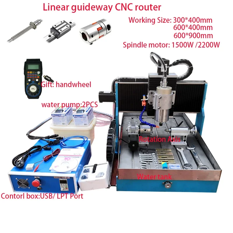 

CNC 6040 2.2KW Linear Guide Rail Metal Carving 1500W Mach3 CNC Router Engraving Milling Machine 3040 with Handwheel 4Axis/3Axis