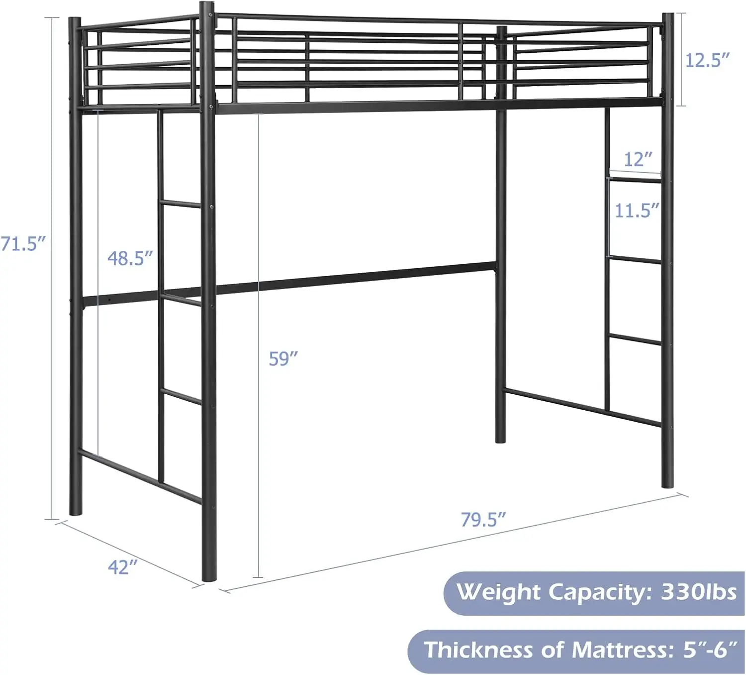Black Metal Twin Size Loft Bed for Kids, Teens & Adults, Heavy Duty, Space-Saving with 2 Ladders & Full-Length Guard