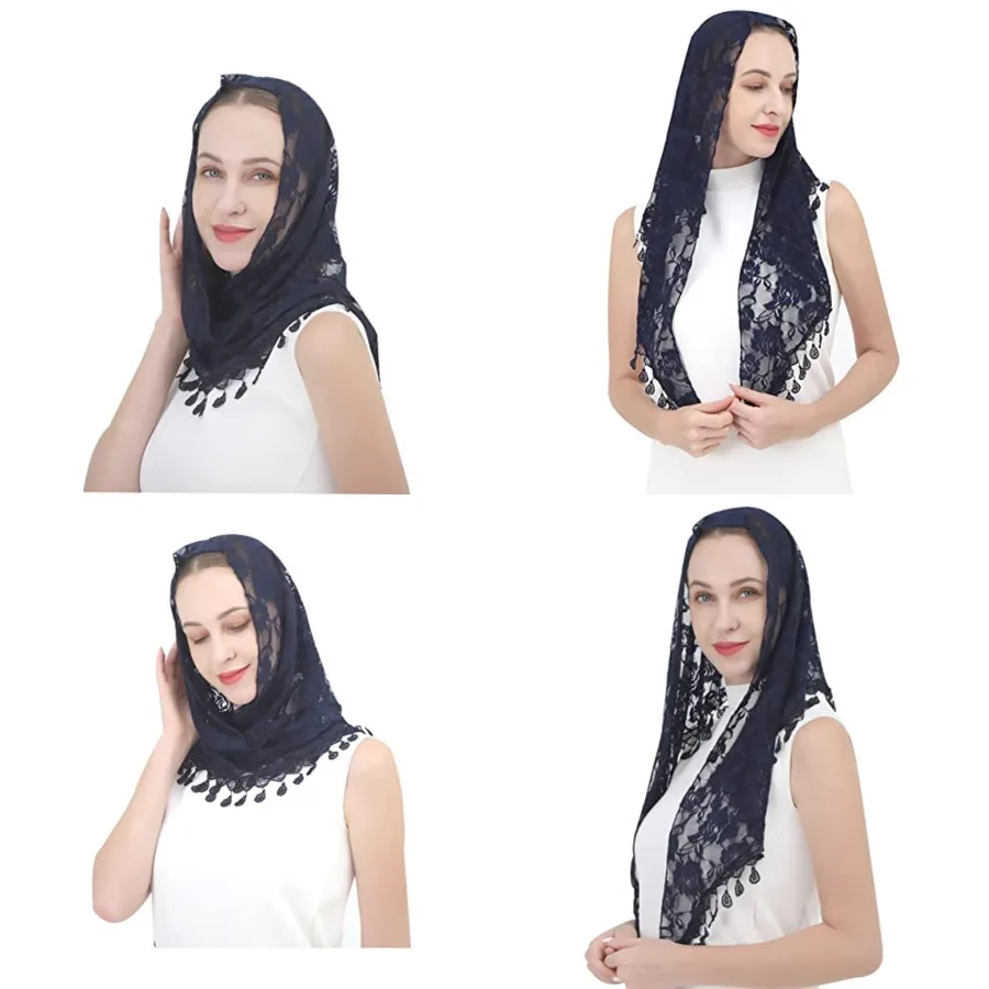 

Lace veil Triangle Mantilla veil Shawl or Scarf Latin Mass Head Cover with Fringed lace, Navy