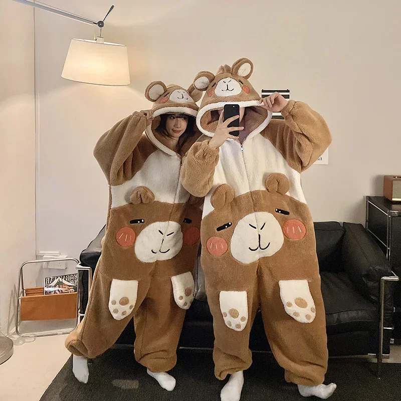 2024 Winter Pajamas Jumpsuits Women Sleepwear  Men Pijamas Thicken Couples Hooded Cartoon Bear Pyjamas Coral Fleece Zipper Soft