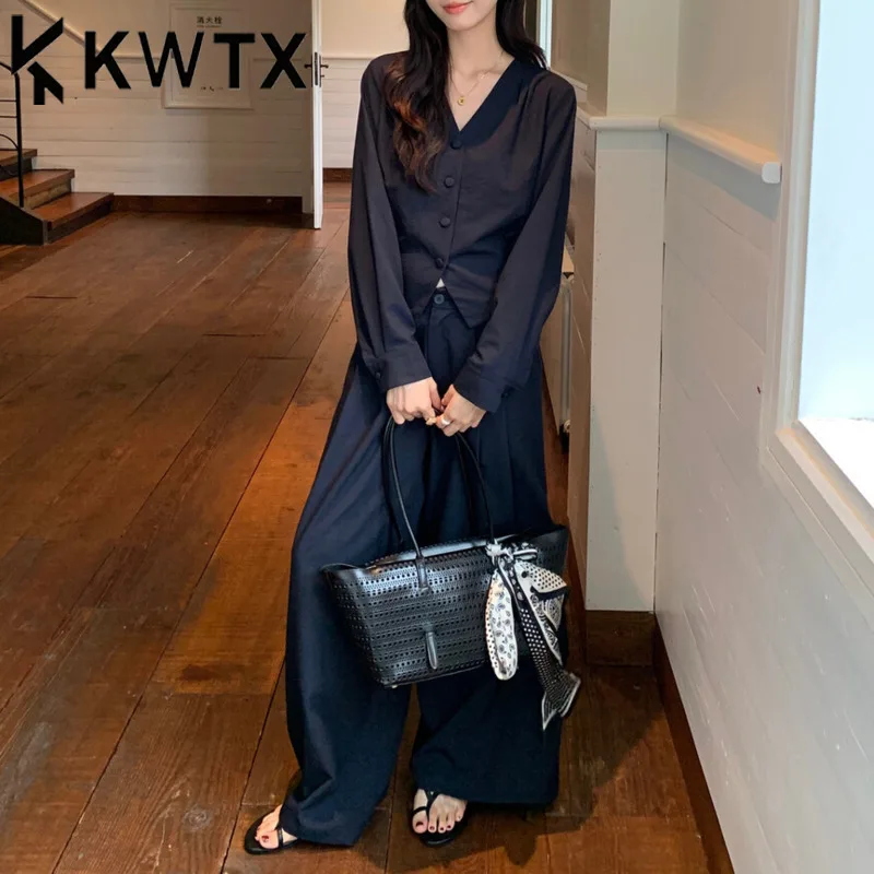 KWTX 여성용 투피스 세트 2025 봄 여름 캐주얼 레트로 V넥 긴팔 셔츠 하이웨이스트 와이드 레그 팬츠 우아하고 편안함