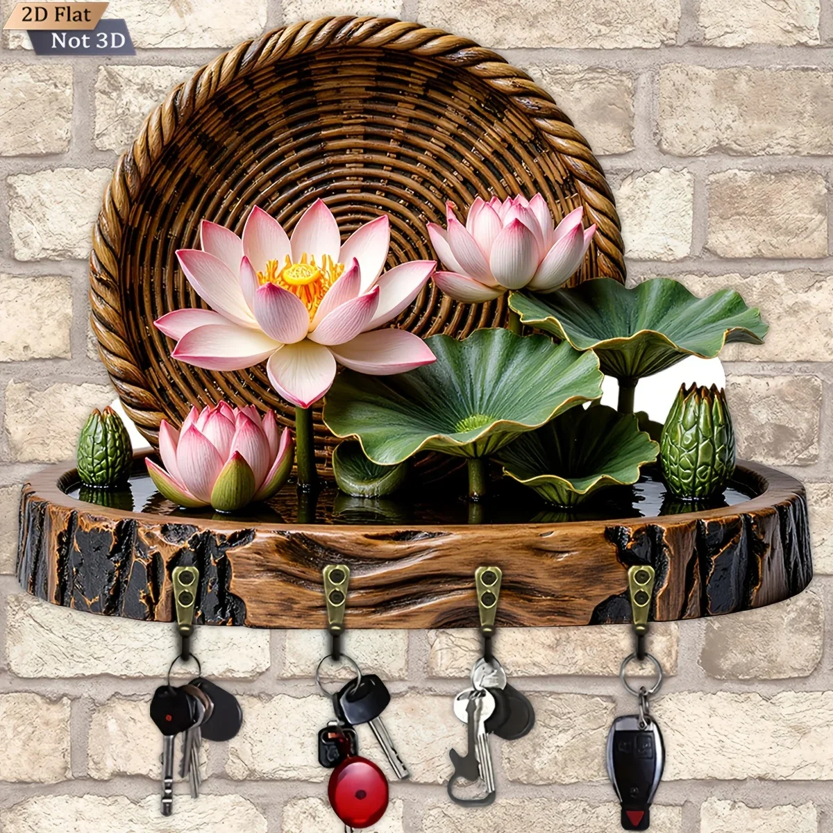 2D Flat, 1pc, Lotus Weaving Key Hook Wooden Multifunctional Home Key Rack with Four Metal Hooks, Wall Decoration, Porch
