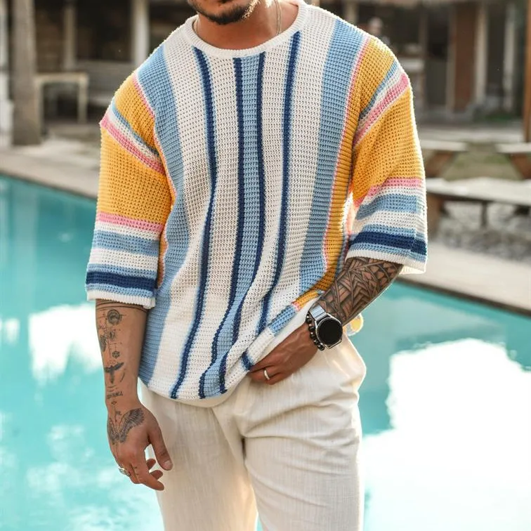 2024 Spring/summer Men Crewneck Fashion Hollowed-out Mid-sleeve Sweater Sweater Europe and America Men's Striped Sweater Summer