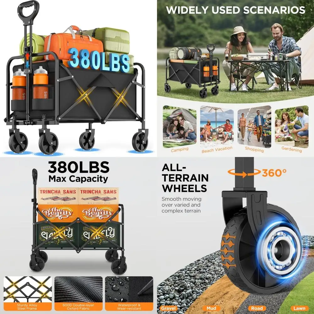 

Sturdy Foldable Utility Wagon with Spacious Storage and Beverage Holders for Shopping, Camping, and Grocery Hauling