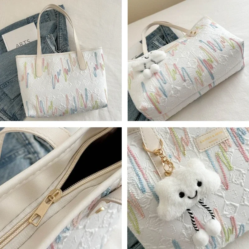 حقيبة ذات سعة كبيرة للتنقل في الترفيه للنساء، حقيبة كتف عصرية جديدة لطلاب الجامعات، حقائب يد مطرزة مخططة #6