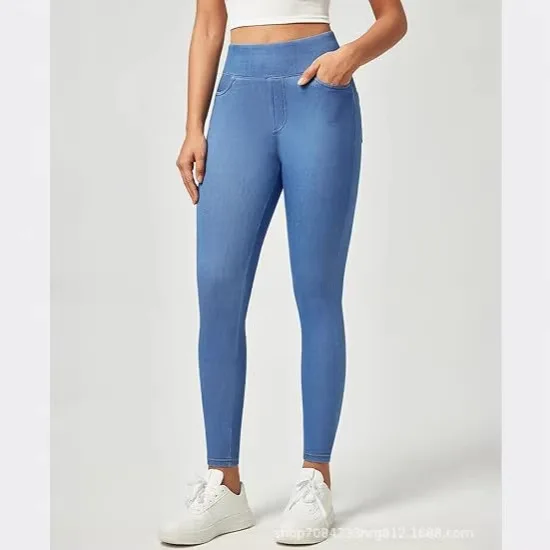 Women High Waist Stretchy Faux Denim Leggings Tummy Control Body Shaper Yoga Pants with Pockets