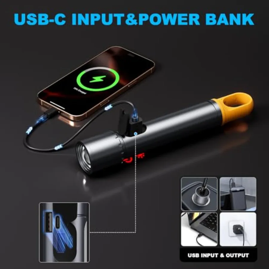 Magnetic Flashlight Rechargeable000LM 5000mAh Flashlights High Lumens with 9 Modes Waterproof Adjustable Powerful Flash Light M