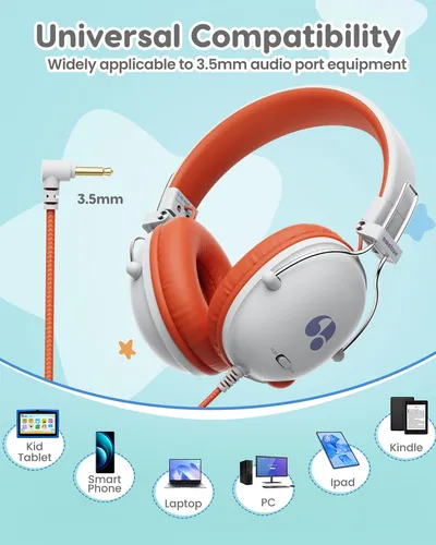 Imagen 2 del producto AWATRUE, auriculares con cable para estudio para niños, auriculares con sonido estéreo, auriculares para niños con micrófono, auriculares de música, volumen limitado HK05