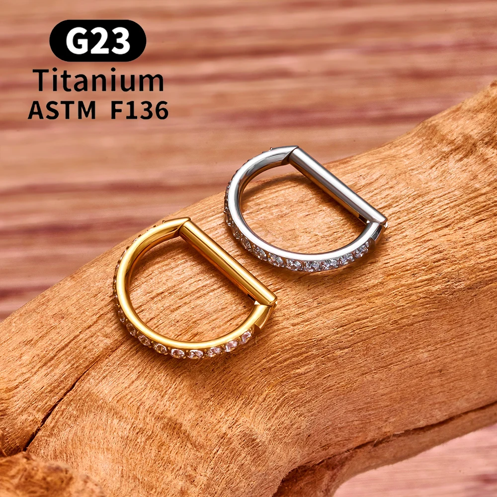 1/10PCS F136 G23 티타늄 피어싱 코 링 D 모양 힌지 세그먼트 CZ 16G C... - 4