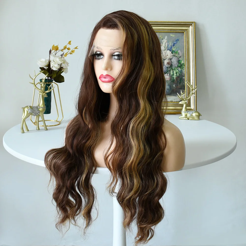Pelucas rubias resaltadas de colores de 30 pulgadas, peluca con malla frontal ondulada para mujer, pelucas sintéticas transparentes HD 13x4 prearrancadas brasileñas