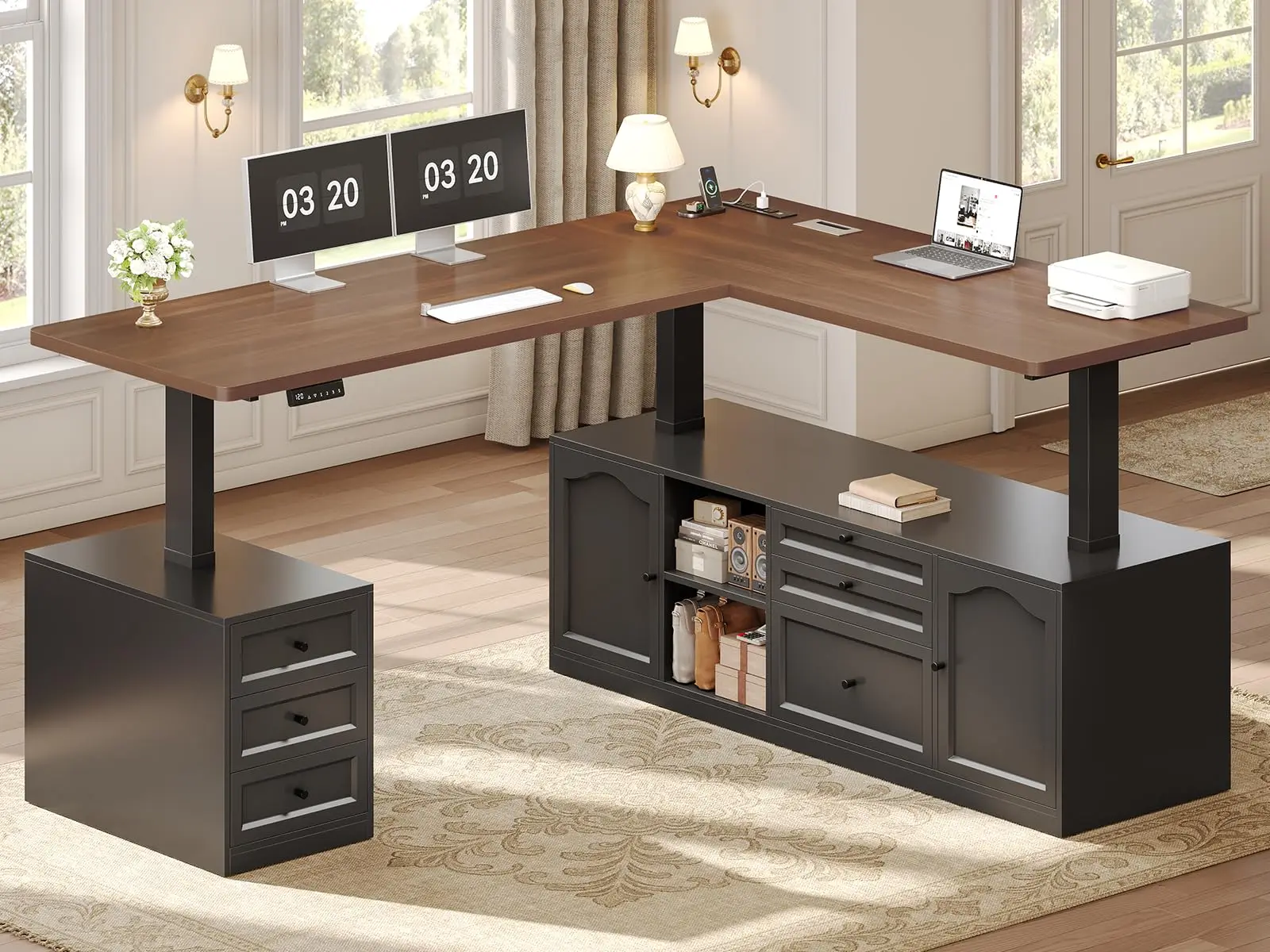 Farmhouse L Shaped Executive Electric Standing Desk with 6 Drawers