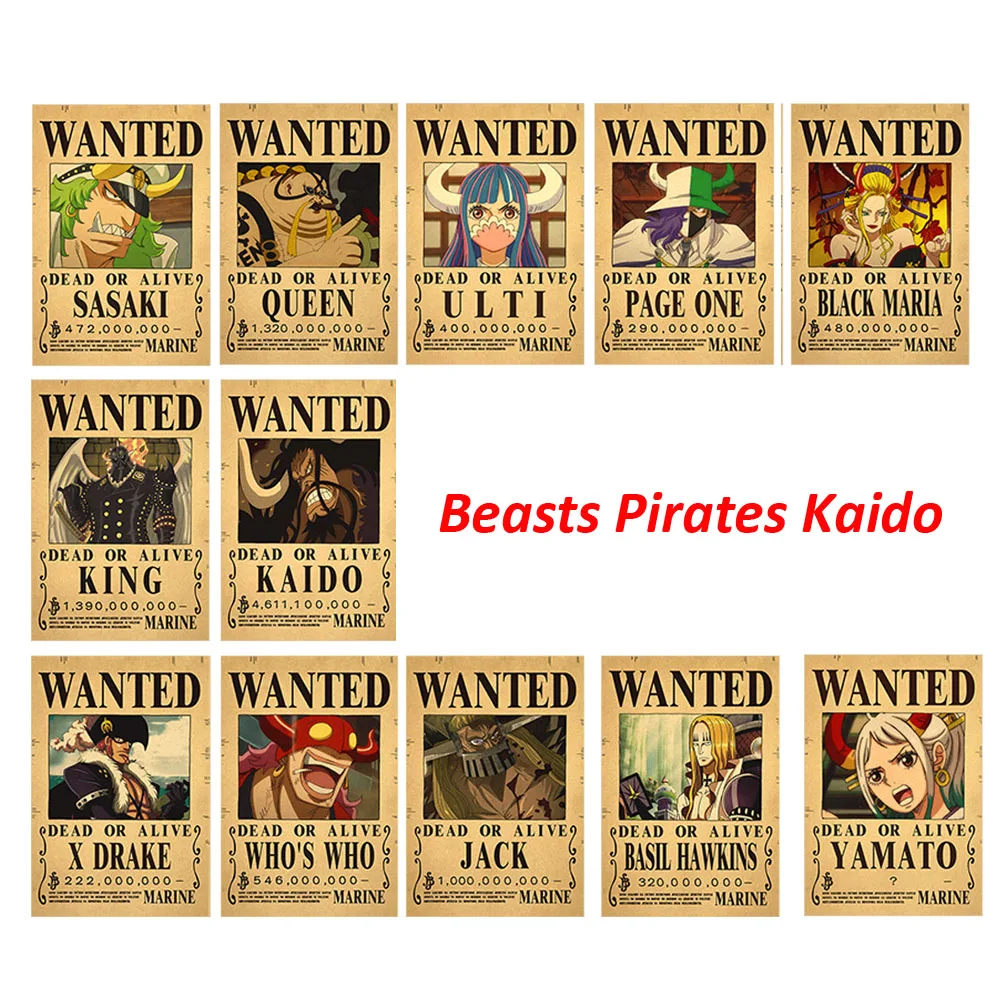 10-12-шт-набор-«Звери»-«Пираты-Кайдо»-one-piece-wanted-bounty-плакаты-аниме-винтажный-постер-из-крафт-бумаги-декоративный-для-гостиной