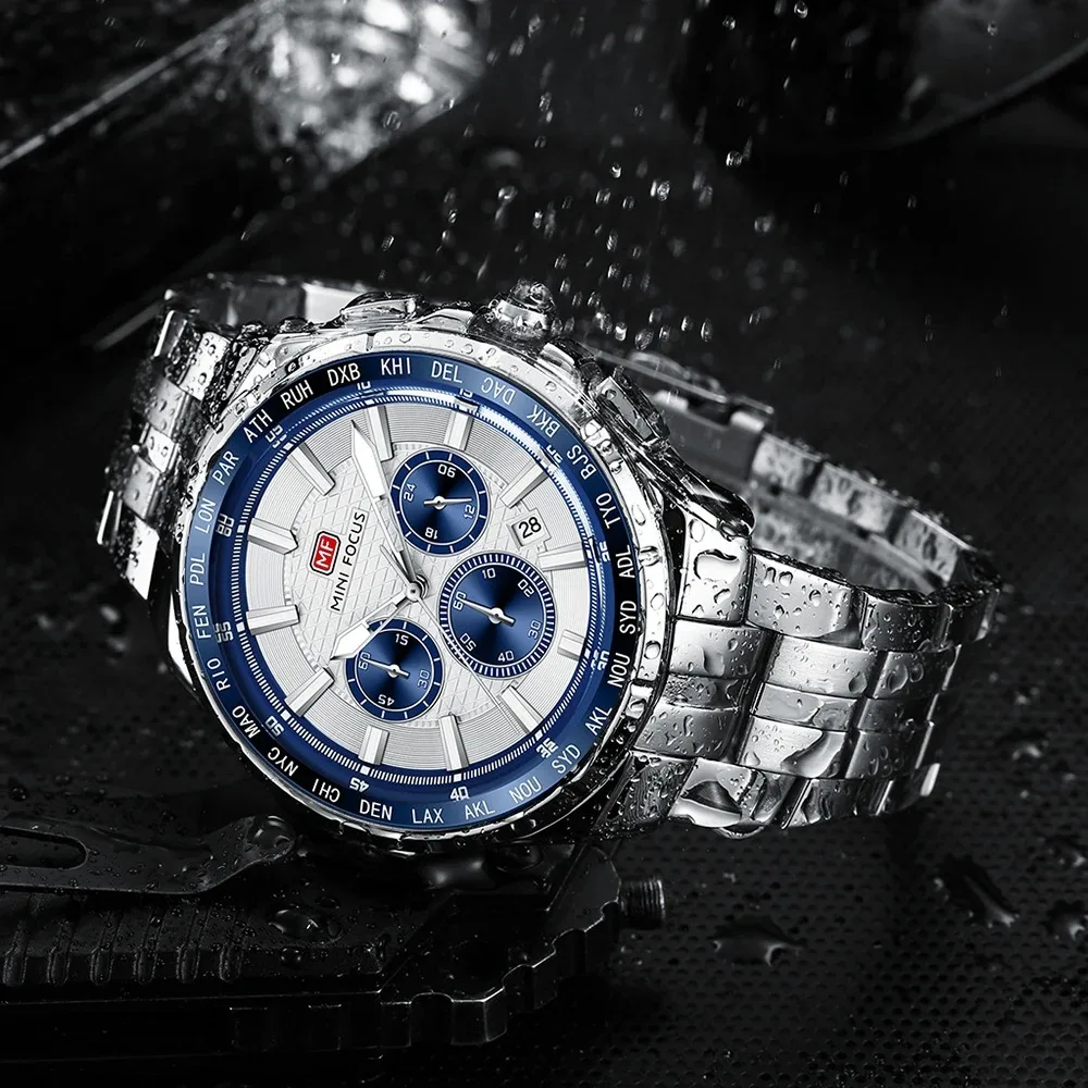 MINI FOCUS 0613G Роскошные кварцевые мужские часы, водостойкий календарь, светящийся хронограф, часы со стальной полосой для мужчин, Reloj Hombre