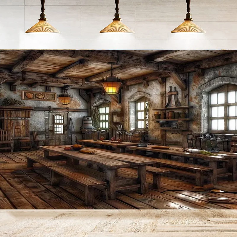 Medieval Tavern Photography Backdrop For Shabby Background Wood Bar Counter Tables Chairs Wild Cowboy Theme Party Decor Banner