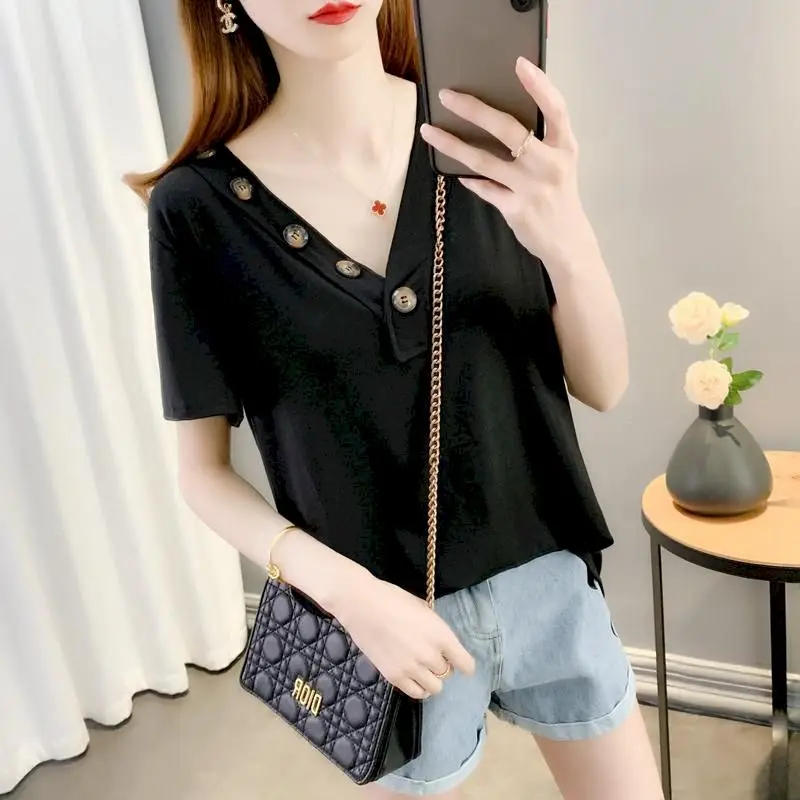 

Oversized T-shirt Women Fashion Button V-neck Design T Shirt Casual Loose Short Sleeve Tops Summer Trend Thin Tshirt Y2k Clothes