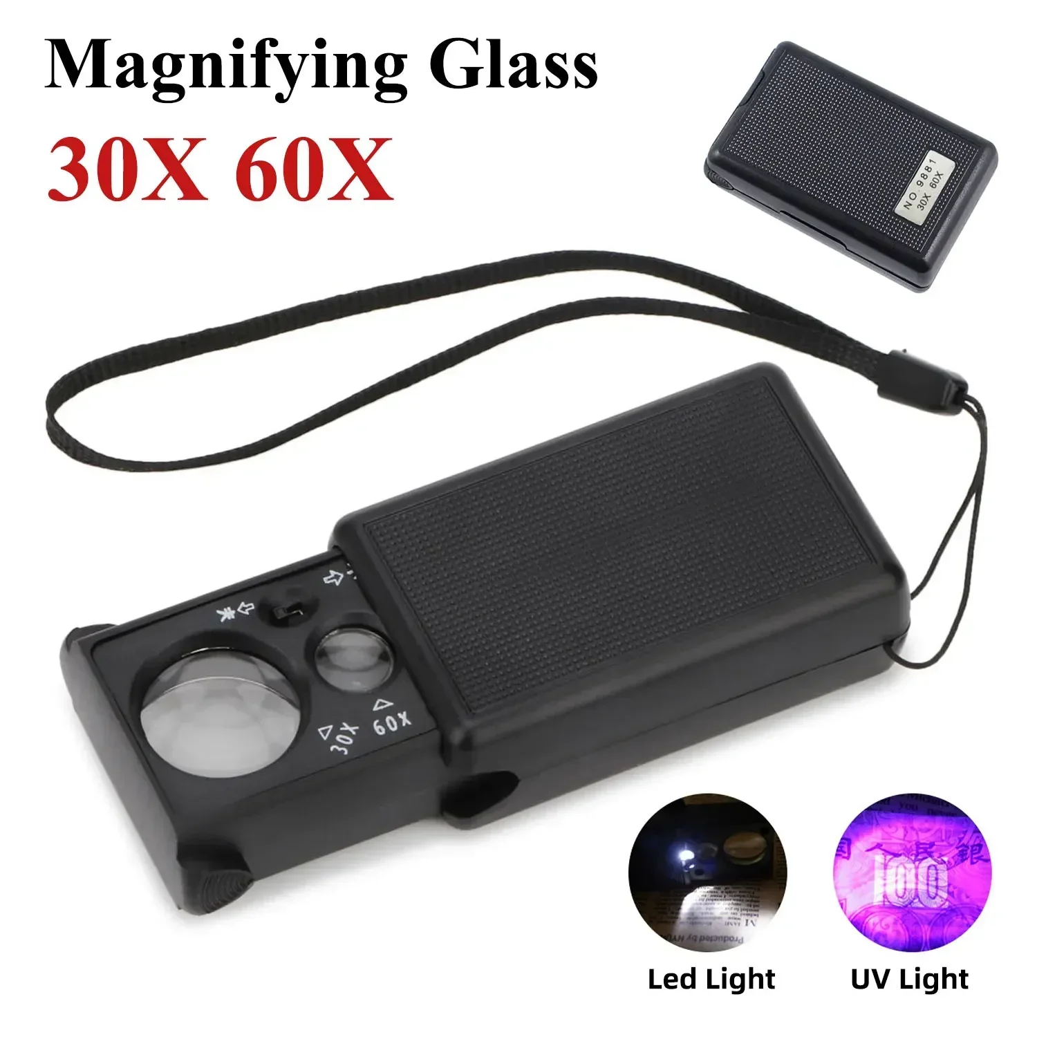 30X 60X Pocket Jewelry Magnifier Slide Out Illuminated Magnifying Glass with LED UV Light Handheld Loupe Lens for Diamond Coins