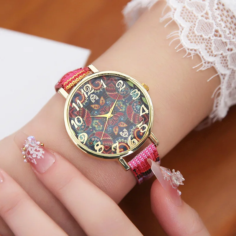 Vintage Ethnic Style Ladies Quartz Watch With Floral Canvas Strap Student Women Wristwatch For Girl Daily Wear School Outdoor