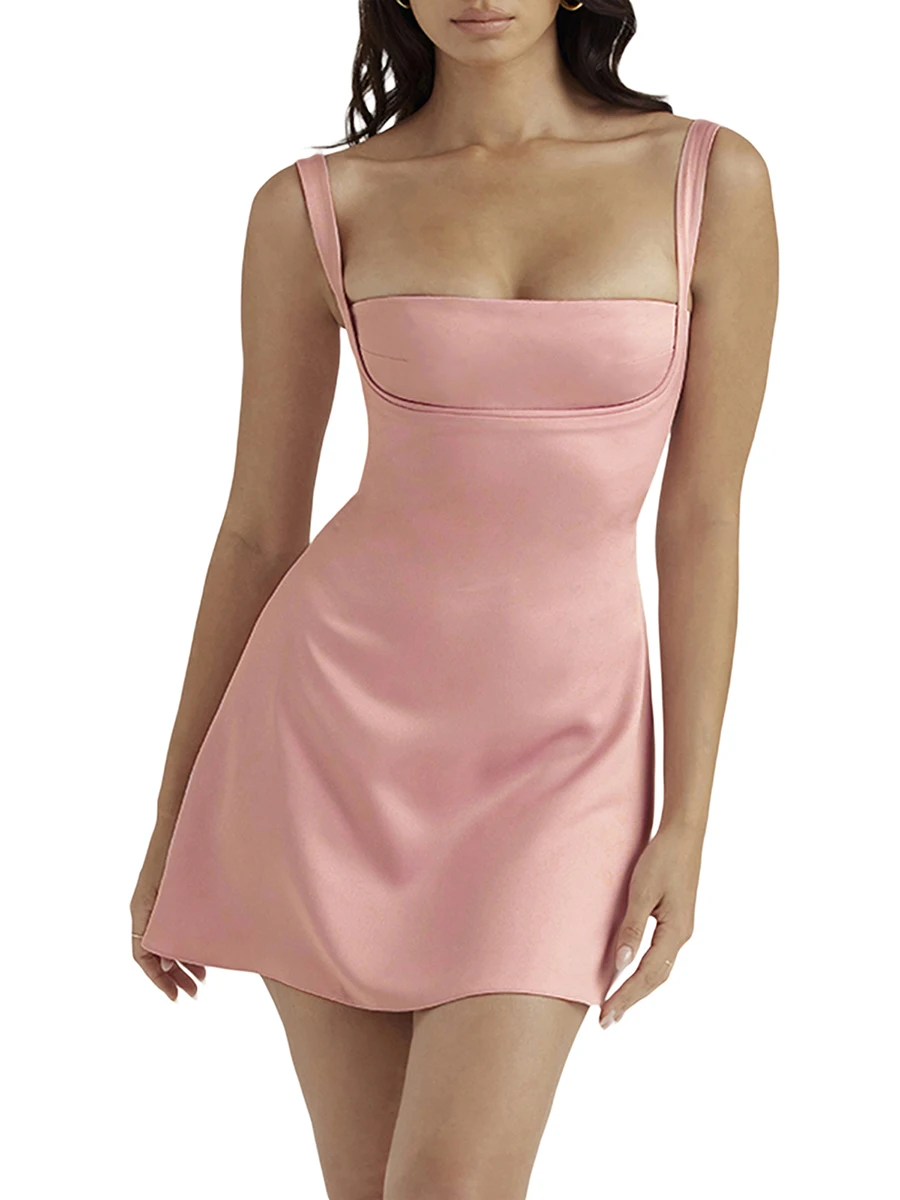 

Women Summer Solid Color Dress Low-Cut Sling Sleeveless High Waist A-Line Garment