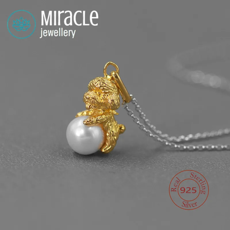 

Miracle Sterling Silver 925 Original Design Innocent Look Cute Pet Teddy Dog Pendant With Full Hole Pearl Necklace