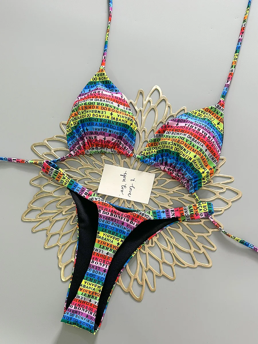 

Letters Print Colorful Micro Mini Thong Bikini 2026 Women Swimwear Female Swimsuit Two-pieces Bikini Set Bathing Suit Swim Lady
