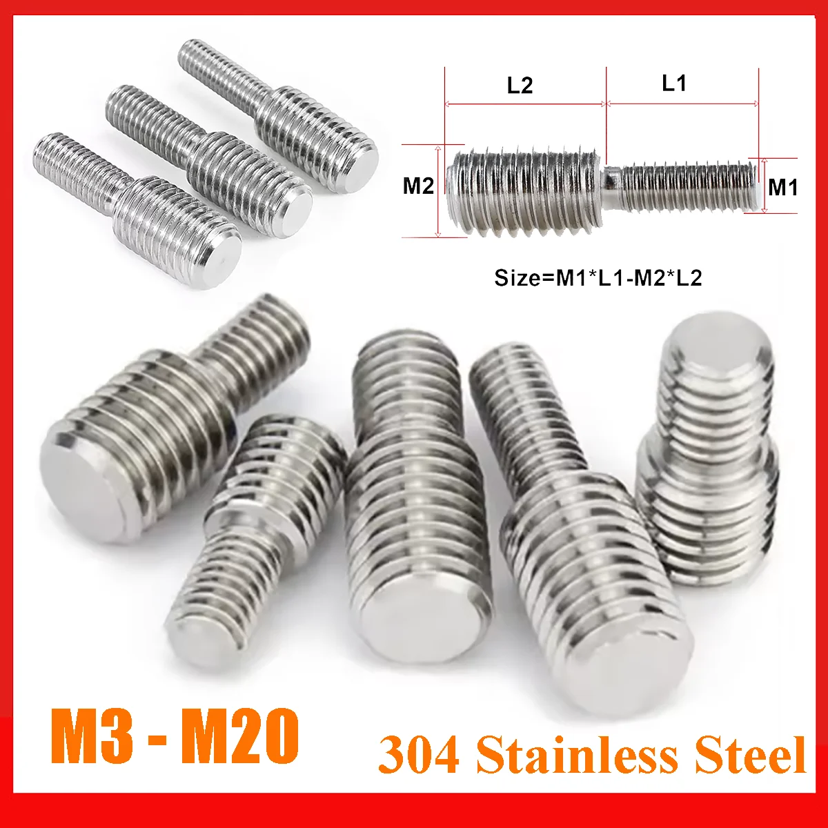 1/2/5pcs 304 Stainless Steel M3 M4 M5 M6 M8 M10 to M20 Thread Adapter Male to Male Conversion Double Head Transfer Screw Bolt