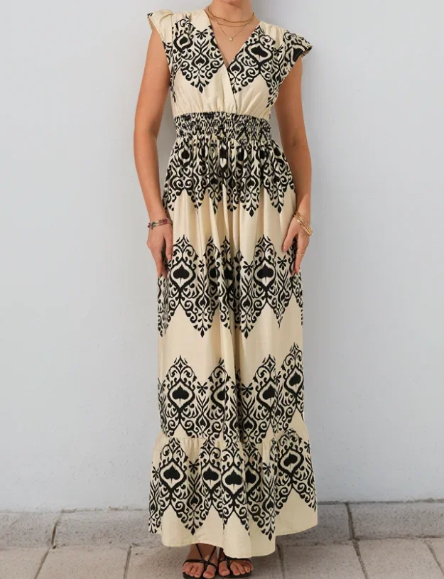 Sommer Kleid Frau Vintage Floral Print V-ausschnitt Ärmellose Weste Elegante Hohe Taille Lose A-Line Midi Kleid Frau