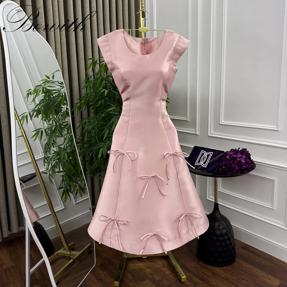 

Bowith Pink Prom Dresses 2025 U-Neck Cap Sleeves Bow Tea-Length Evening Party Dresses Customized Satin robes de soirée
